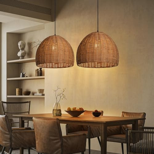 Arturesthome 1 Light Hand Woven Rattan Pendant Lighting Fixture,Boho Weaving Natural Ceiling Hanging Light, Farmhouse Coastal Chandelier for Kitchen Island, Living Room, Dining Room | Amazon (US)