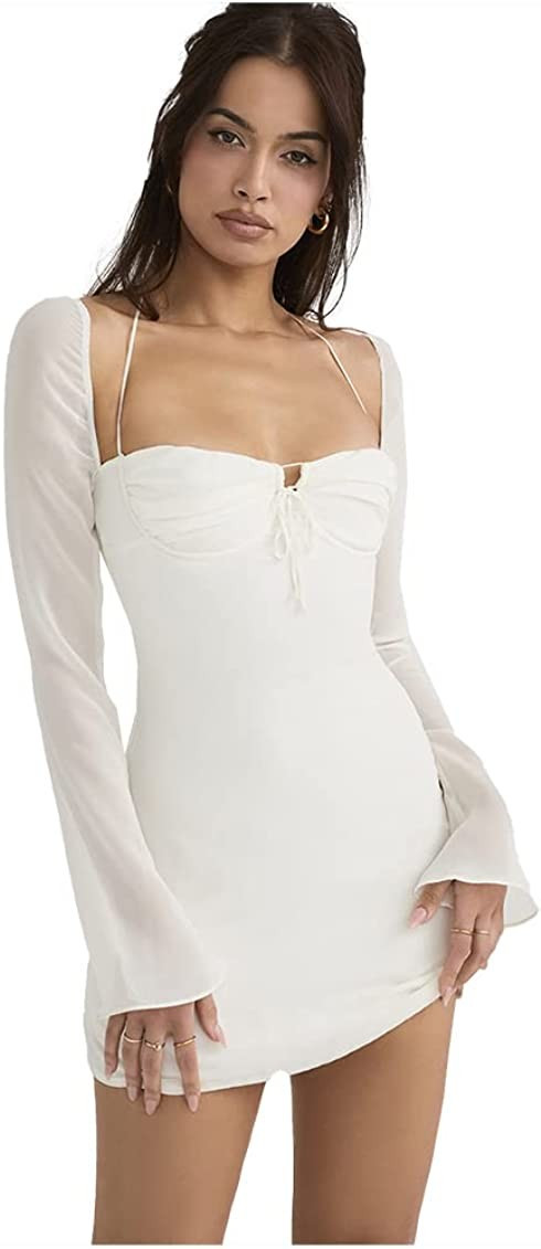 Amazon.com: XLLAIS Women Long Puff Sleeve Mini Bodycon Mesh Dress Split Hem Clubwear (White1, Sma... | Amazon (US)