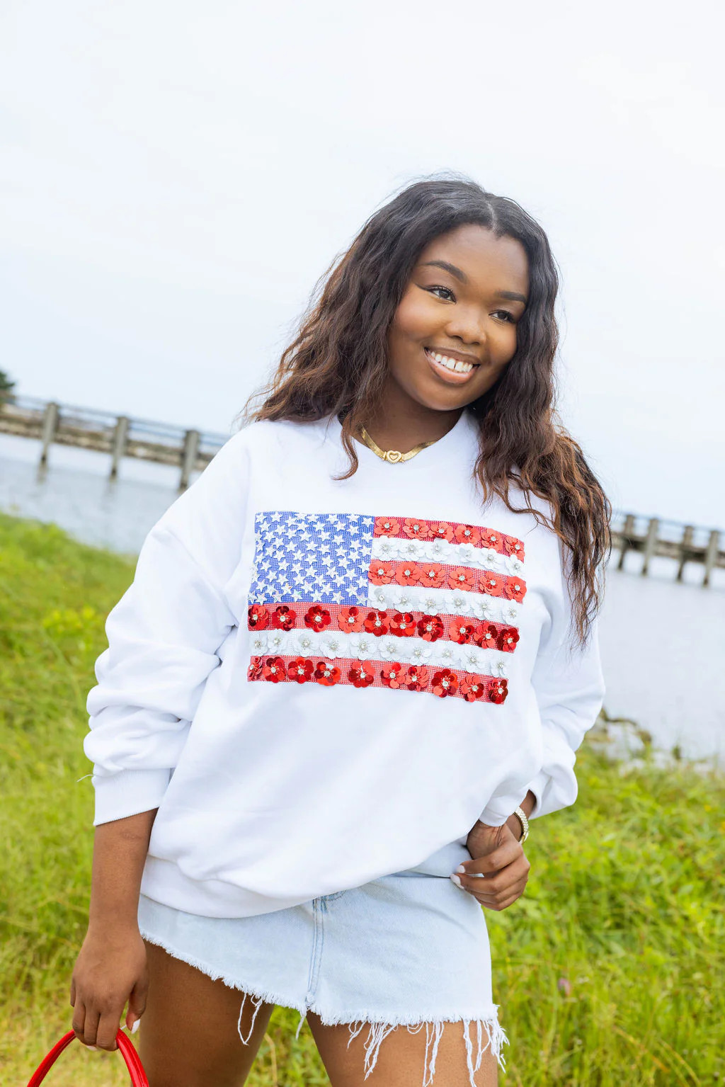 White Flower American Flag Sweatshirt | Queen of Sparkles