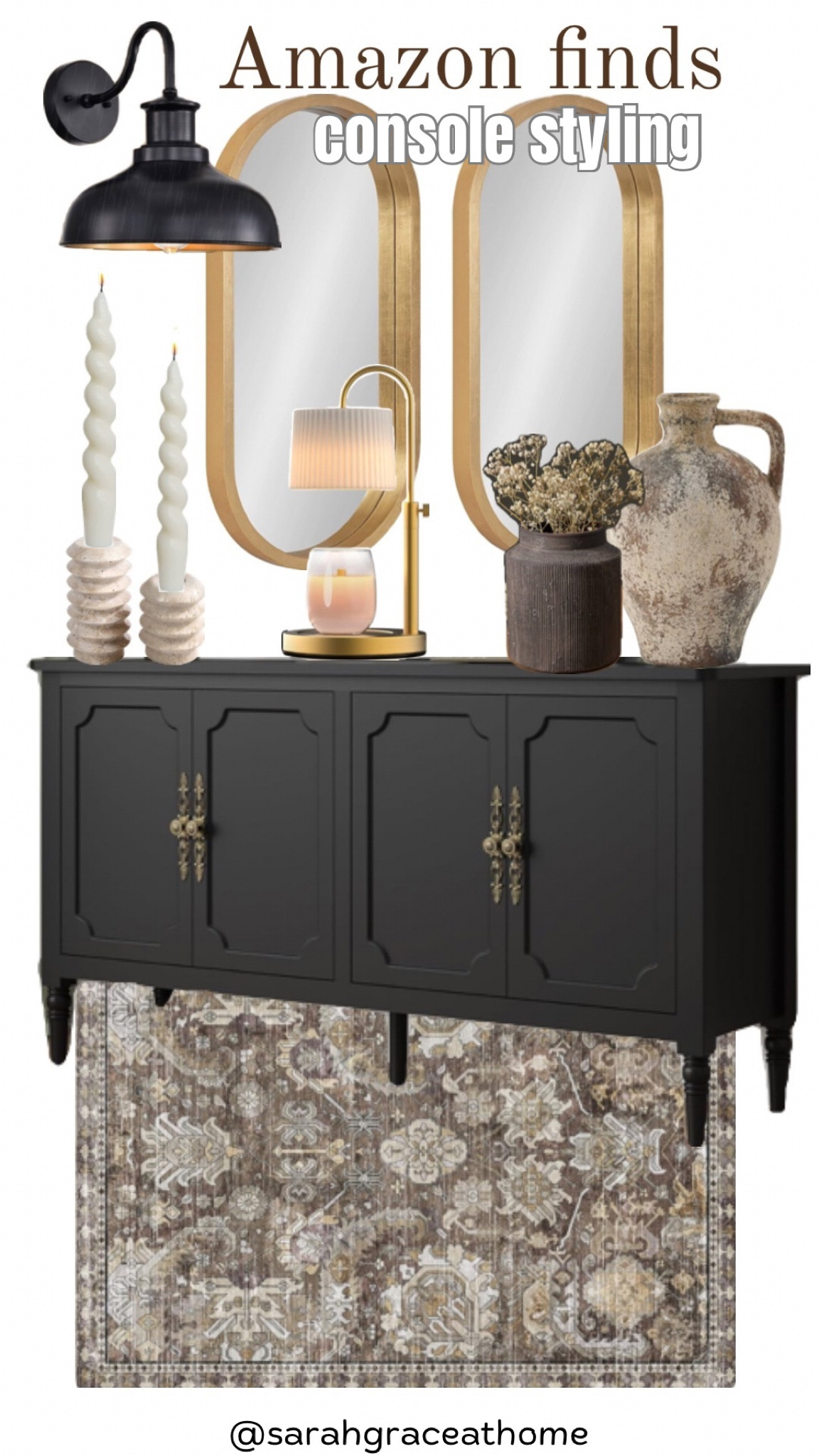 A curated collection of Amazon home decor finds for a console styling idea. Featuring a stylish and modern black sideboard cabinet with elegant gold hardware, the decor includes a pair of gold-framed oval mirrors mounted above the cabinet, adding a touch of sophistication and depth. A vintage-inspired wall sconce with a black metal shade complements the dark tones of the sideboard.

On the cabinet, there are decorative accessories such as twisted taper candles in textured beige candle holders, a gold and glass table lamp candle warmer with a pleated shade, and a large rustic ceramic vase with an aged finish. A smaller dark brown textured vase holds dried floral stems, enhancing the organic aesthetic.

The setup is anchored by a neutral-toned Persian-style area rug, featuring intricate patterns in shades of beige, taupe, and brown, adding warmth and texture to the space. This modern-meets-traditional vignette blends vintage, rustic, and contemporary elements for a chic and timeless home design.

#LTKFindsUnder50 #LTKGiftGuide #LTKHome
