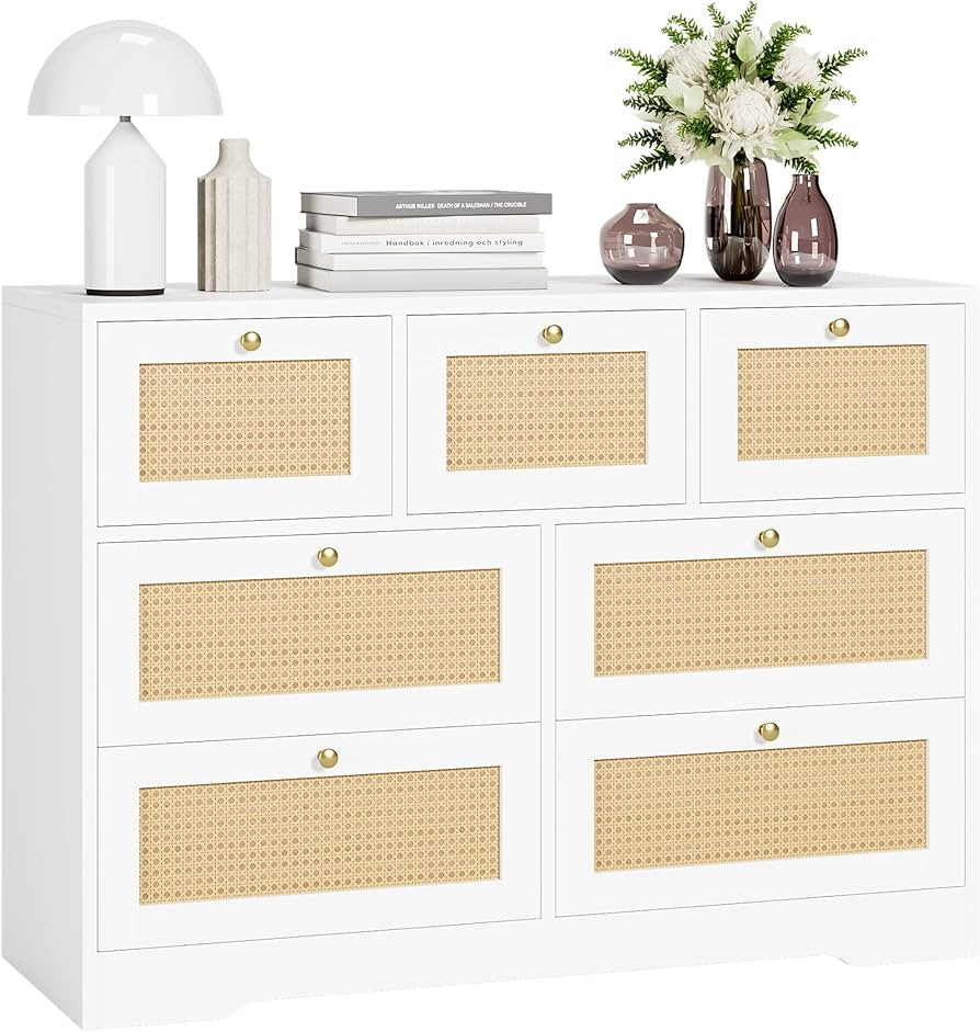 FOTOSOK White Dresser for Bedroom, Rattan Dresser 7 Drawer Dresser with Gold Handles, Modern Dres... | Amazon (US)