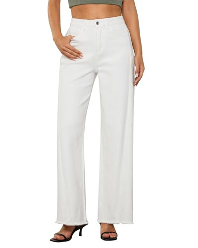 GRAPENT White Jeans Women White Pants Womens White Pants Trendy Jeans for Women 2024 Pantalones De Mujer Cintura Alta Women's Frayed Hem Jeans Cream White Size Medium US Size 8 to Size 10 | Amazon (US)
