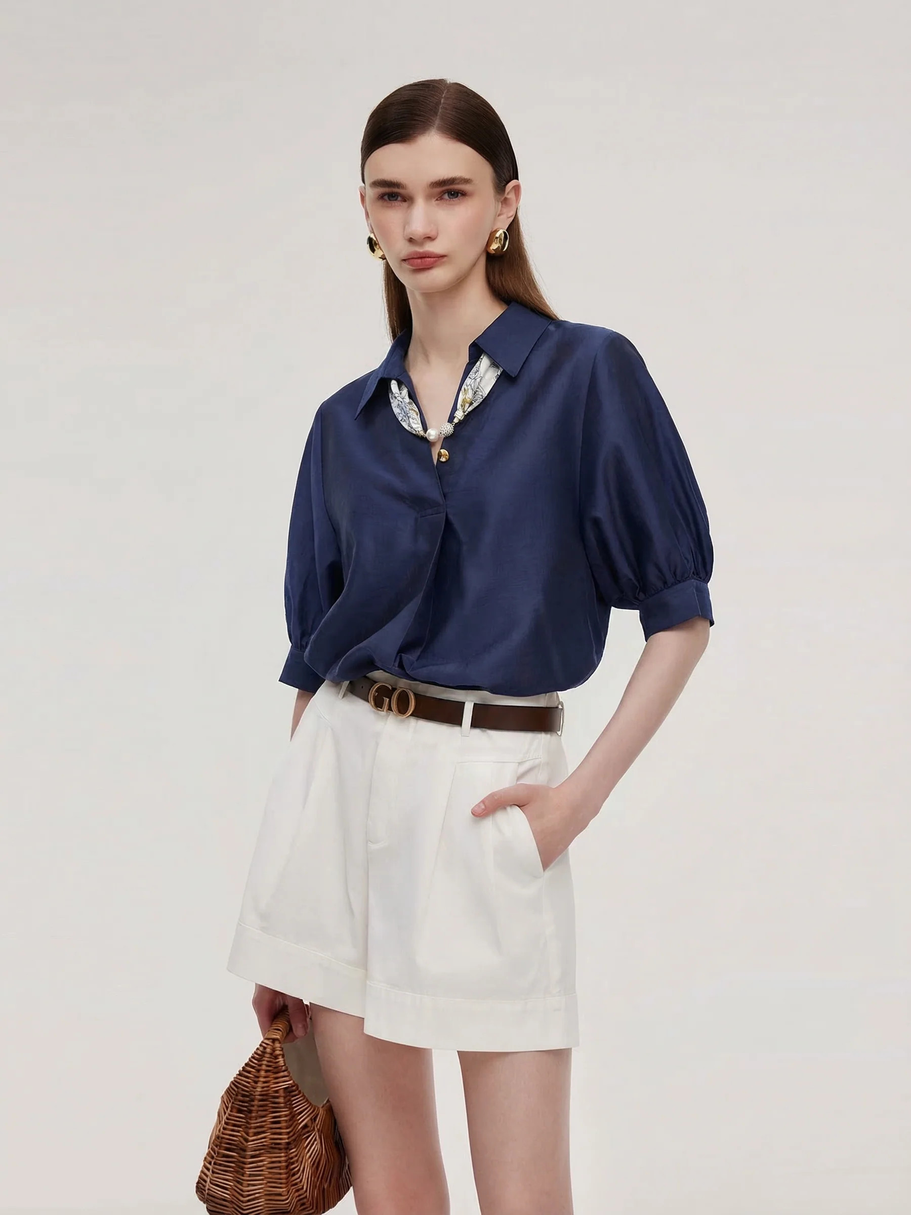 Blouse ample pour femmes en mélange Tencel avec foulard en soie | GOELIA