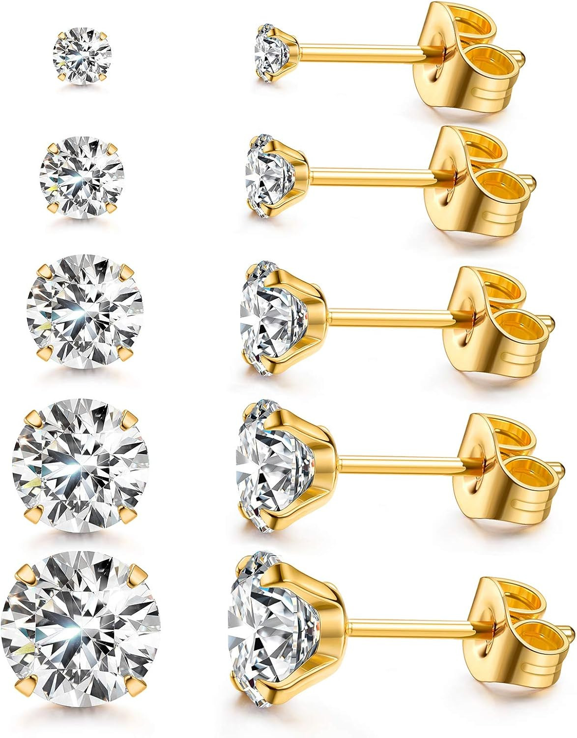 Women's 14K Gold Plated CZ Stud Earrings Simulated Diamond Round Cubic Zirconia Ear Stud Set（5 Pairs | Amazon (US)