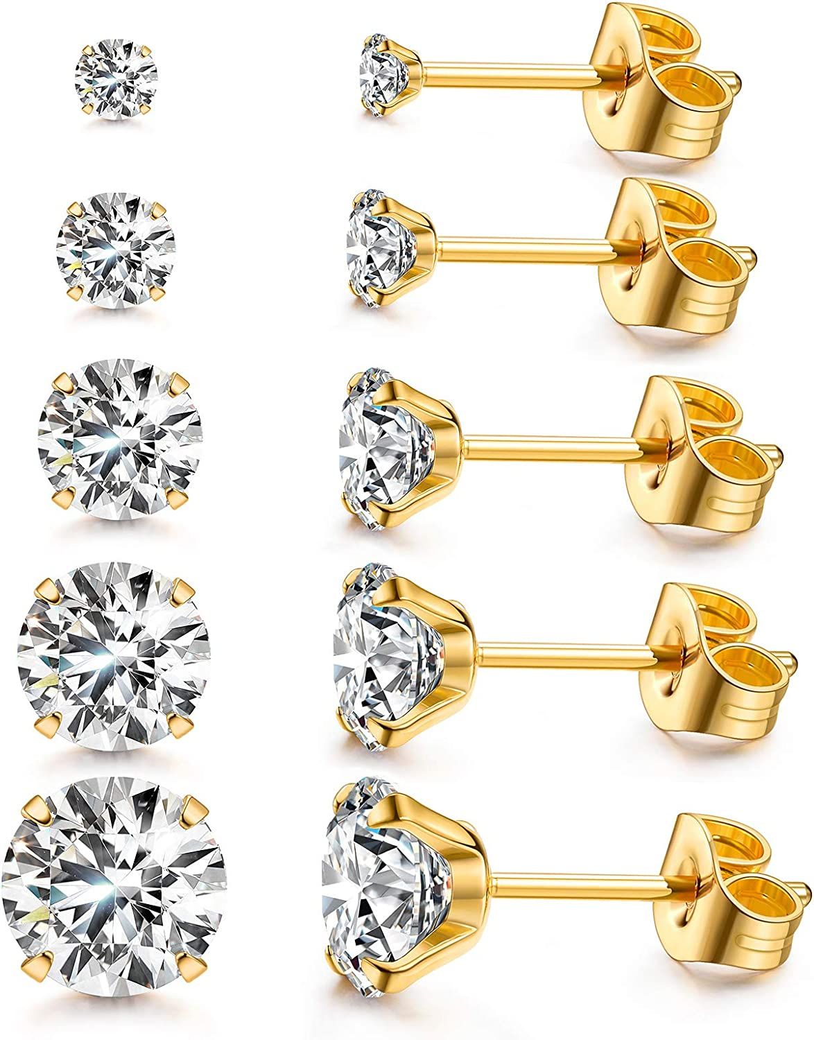 Women's 14K Gold Plated CZ Stud Earrings Simulated Diamond Round Cubic Zirconia Ear Stud Set（5 Pairs | Amazon (US)