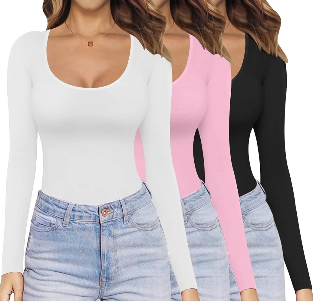 Ekouaer Womens 3 Pack Long Sleeve Shirts Scoop Neck Tops Stretch Fitted Undershirt Lightweight Ba... | Amazon (US)