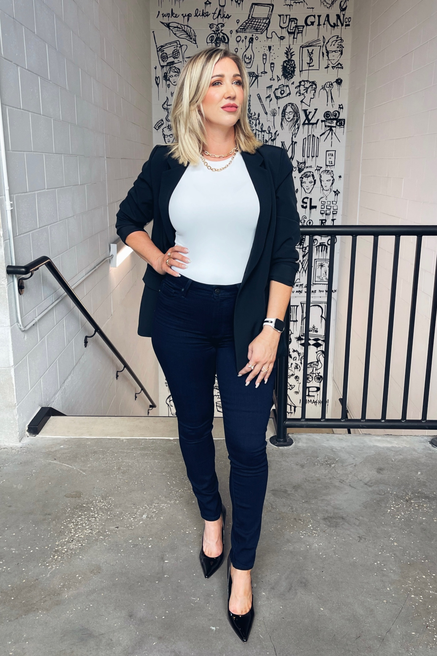 Black blazer, white top, dark denim is a classic business casual look that always works. All these pieces are closet staples for me. 

This blazer is amazing quality for a great price. I’m wearing a medium. The fit is incredible! And the fabric feels so high quality. 

The denim is high waisted and fits perfect. Wearing size 29

Wearing a medium in the bodysuit 