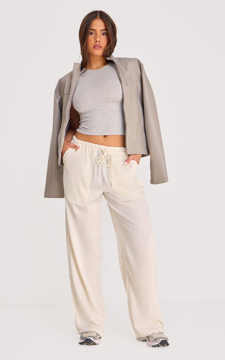 Premium White Satin Low Rise Drawstring Trousers | PrettyLittleThing UK