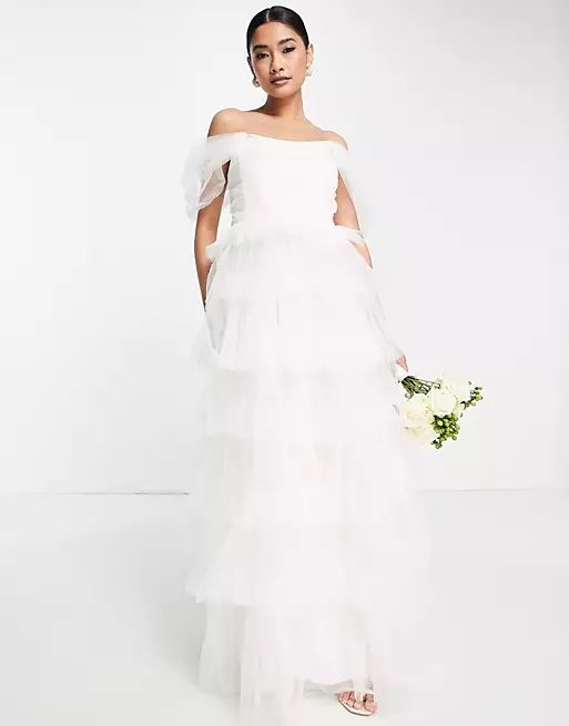 Lace & Beads Bridal bardot corset overlay tiered maxi dress in ivory | ASOS | ASOS (Global)