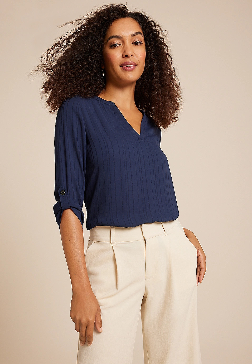 Atwood Jacquard Striped 3/4 Sleeve Popover Blouse | Maurices