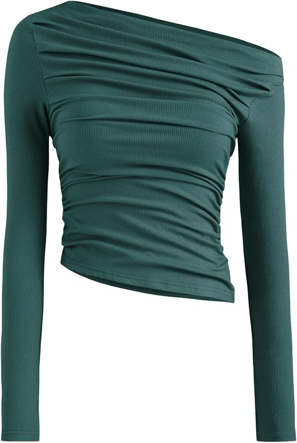 CIDER Solid Asymmetrical Neck Long Sleeve Top | Amazon (US)