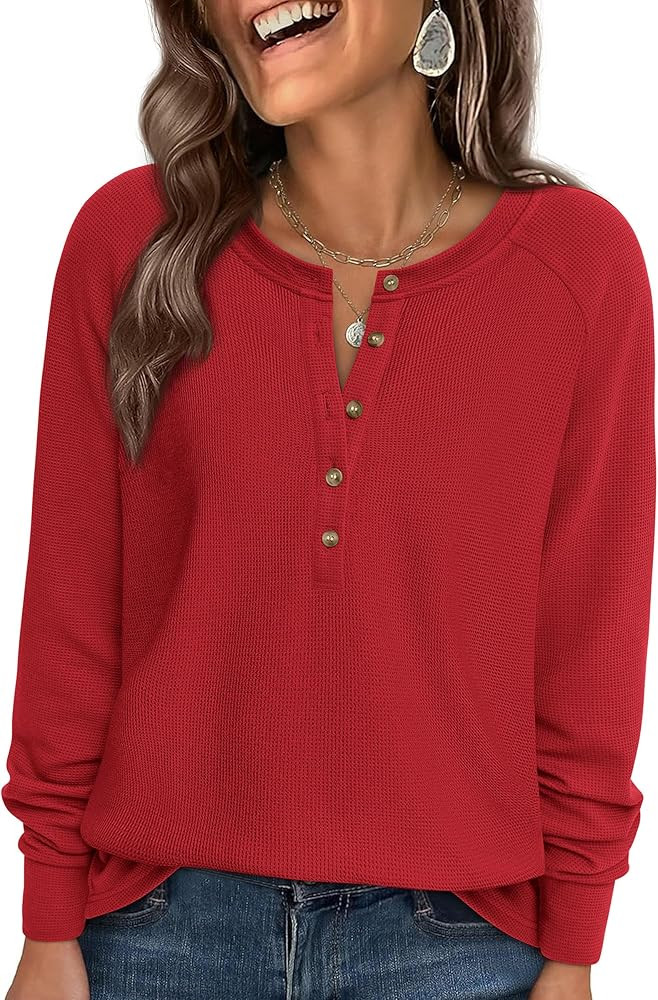 PRETTYGARDEN Women Long Sleeve Waffle Knit Shirts 2026 Fall Casual Button V Neck Loose Henley Top... | Amazon (US)