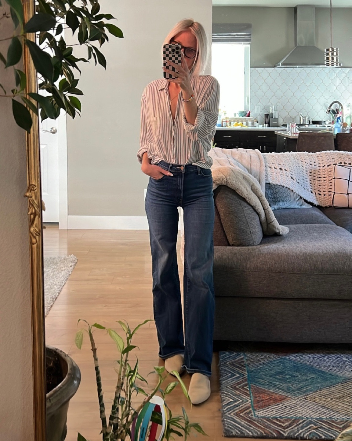 Transitional fall look. Easy fall look. 

This high-rise, true blue, stretchy denim is perfect for keeping you comfy throughout the entire day. The lightweight, long sleeve fabrics of this button up, keeps you cool, but covered with transitional temps. And the mules keep your toes warm, but cool and we travel into fall!

#LTKstyletip #LTKSeasonal #LTKshoecrush