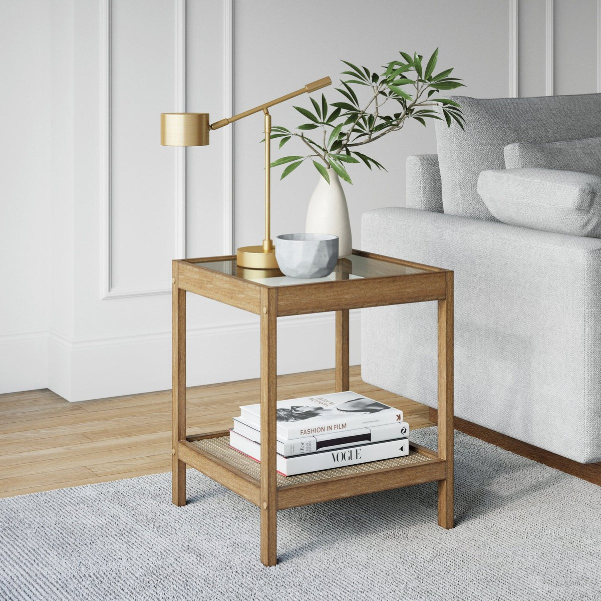 Hayes End Table | Glass Top & Rattan Shelf | Wood Finish | Nathan James