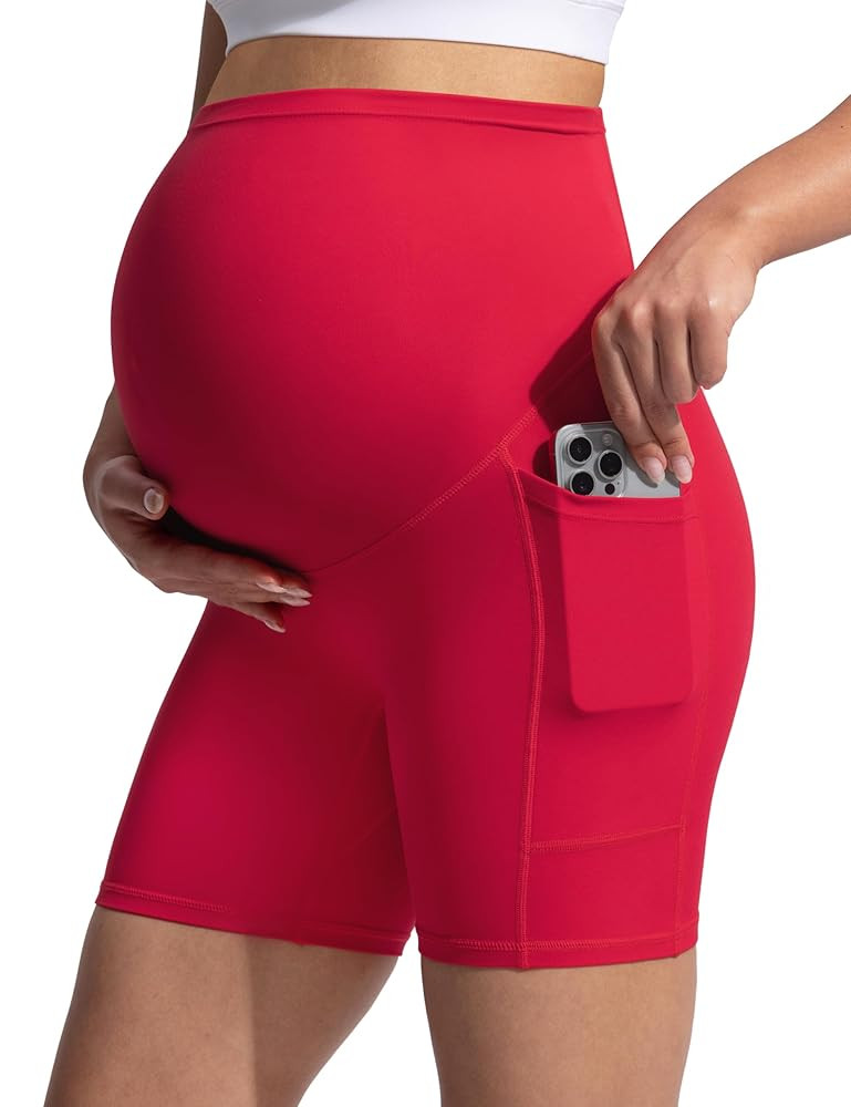 POSHDIVAH Women's Creamluxe Maternity Biker Shorts Over The Belly with Pockets - 6"/8" Summer Pre... | Amazon (US)