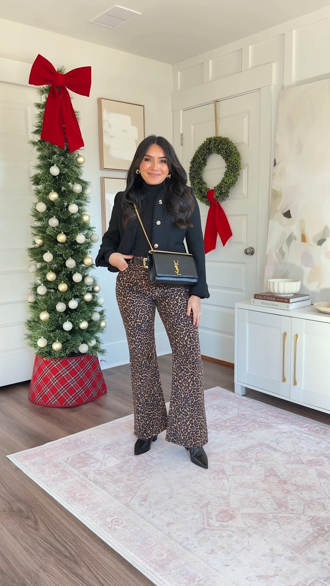 Black tweed jacket size xs TTS
Black turtleneck top size xxs TTS
Leopard pants size 4 - sized up a size 
Black boots size 5.5 TTS
Black belt size xs TTS

#LTKSaleAlert #LTKPetite #LTKFindsUnder100