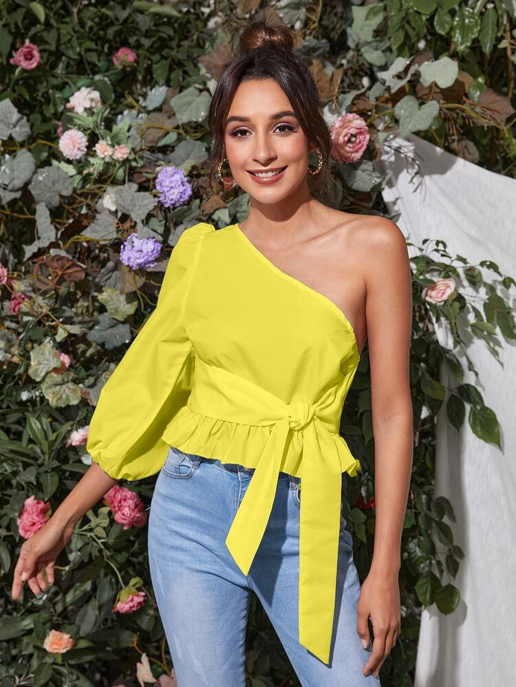 Neon Yellow One Shoulder Lantern Sleeve Tie Front Peplum Top | SHEIN