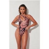 Brown Abstract Swirl One Shoulder Cut Out Swimsuit | PrettyLittleThing UK