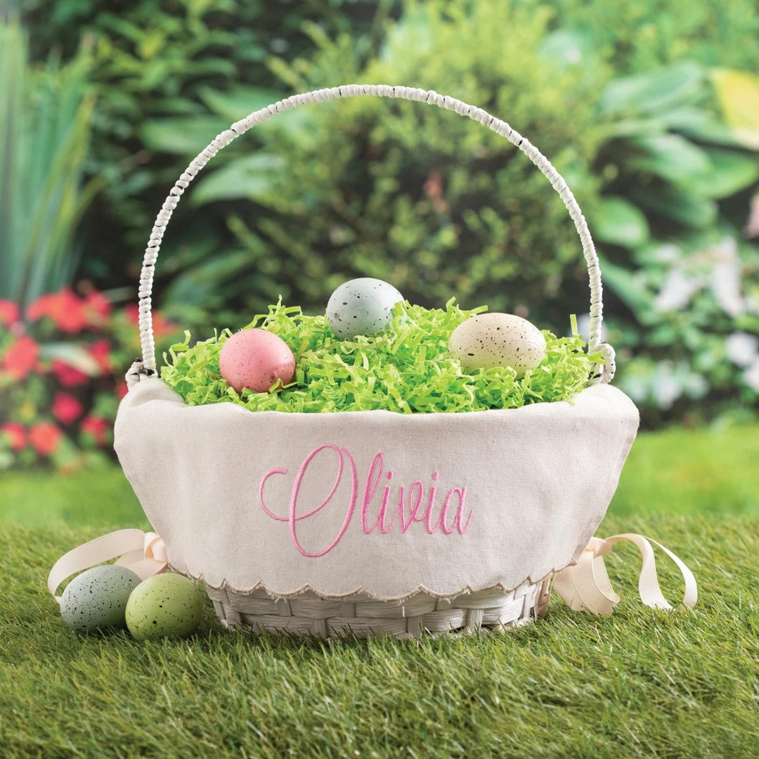 Pink Script Personalized Linen Liner with White Basket, Easter Basket Stuffers For Kids, Easter F... | Etsy (US)