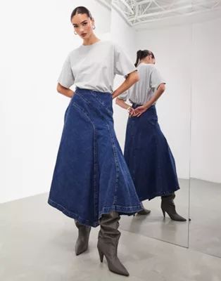 ASOS EDITION denim a line maxi skirt with seam detail in mid blue | ASOS | ASOS (Global)