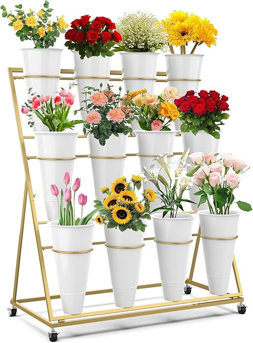 Flower Display Stand with Bucket, 3-Tier Gold Flower Cart with Wheels, Sturdy Metal Frame, Lockin... | Amazon (US)