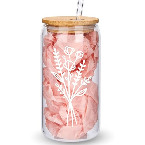Cute Glass Cups with Lids and Straws, Aesthetic Iced Coffee Cup, Flower Mugs, Personalized Tumbler with Straw, Birthday Gifts for Women Friend Sister Her Coffee Lover Bridesmaid Stuff Christmas | Amazon (US)