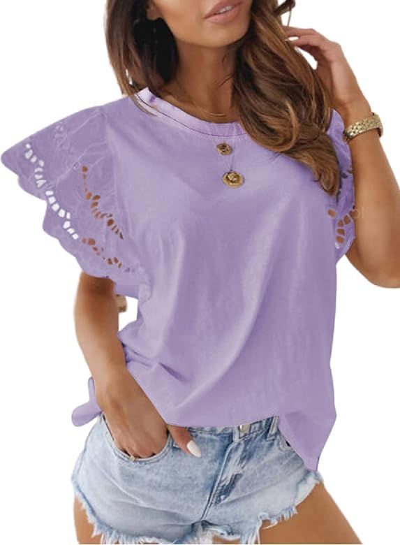 EVALESS Womens Summer Crewneck Lace Crochet Hollow Out Ruffle Short Sleeve T Shirts Casual Solid Flo | Amazon (US)