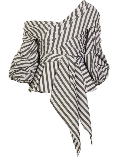 Johanna Ortiz - Santa Rosa One-shoulder Striped Cotton-blend Poplin Top - Army green | NET-A-PORTER (US)