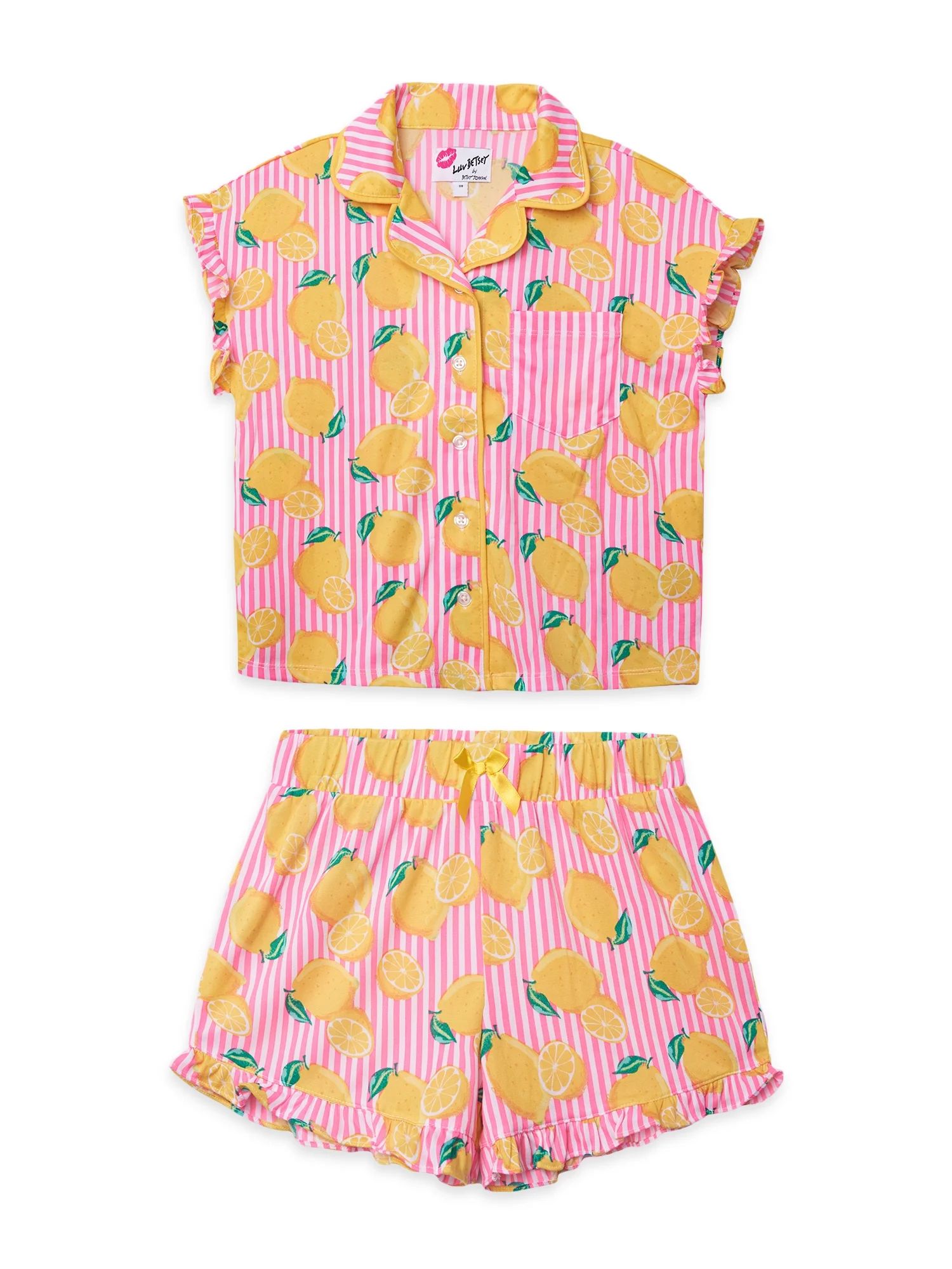 Luv Betsey Girls Ruffle Short Sleeve Button Front Top with Ruffle Short, 2-Piece Pajama Set, Size... | Walmart (US)