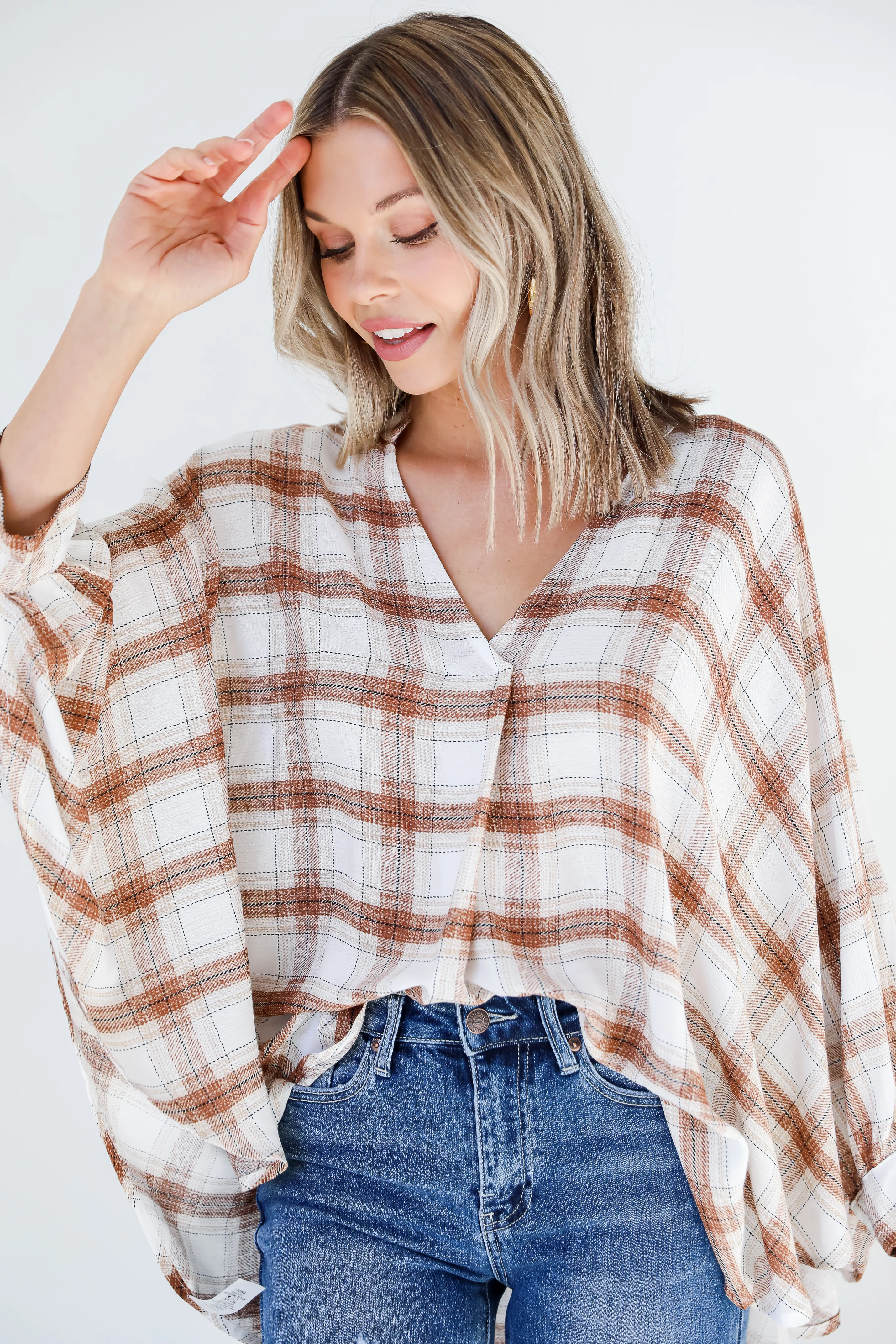 Autumn Appeal Plaid Oversized Blouse | Dress Up