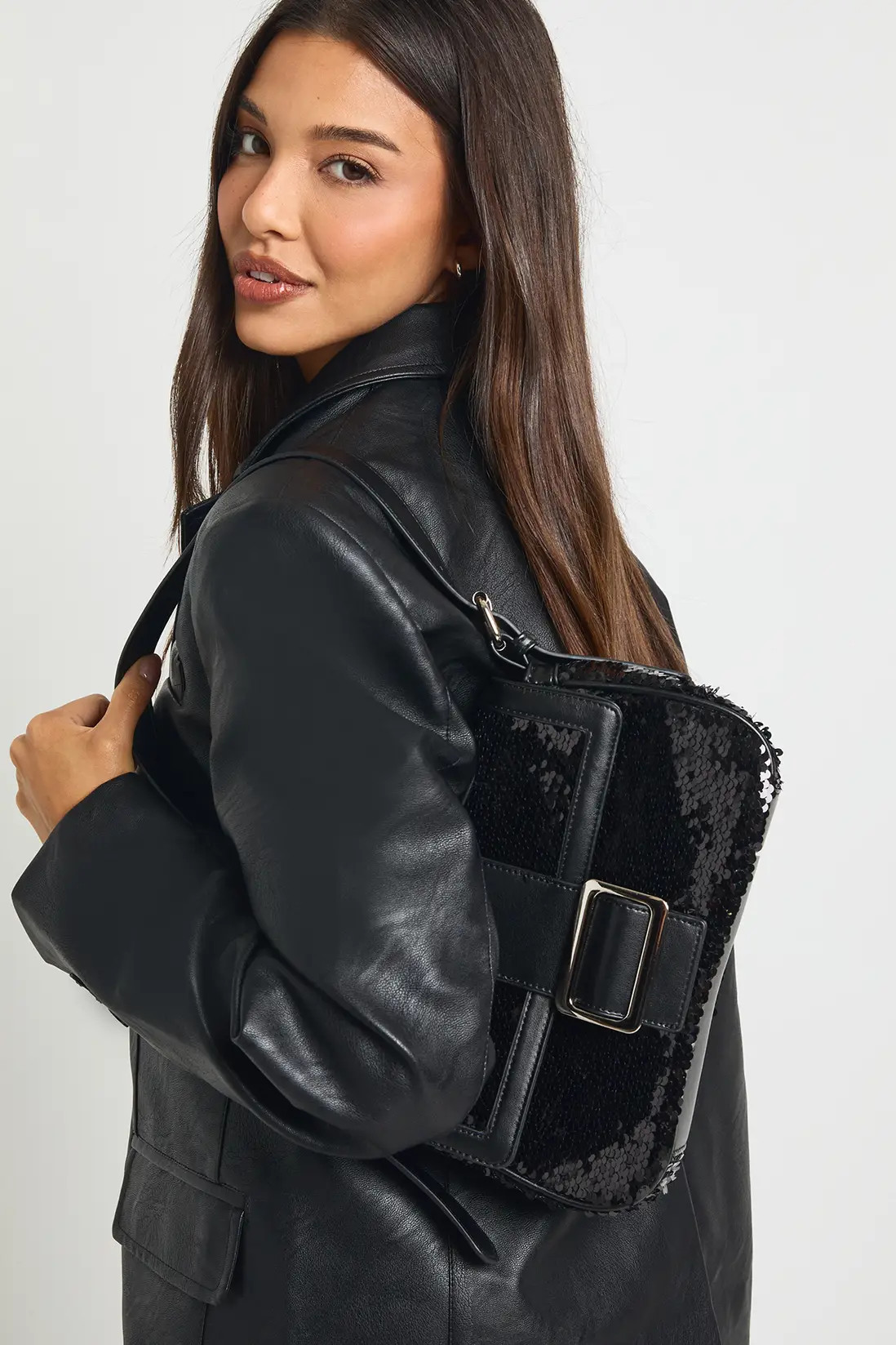 Black Sequin Buckle Shoulder Bag | boohoo (US & Canada)