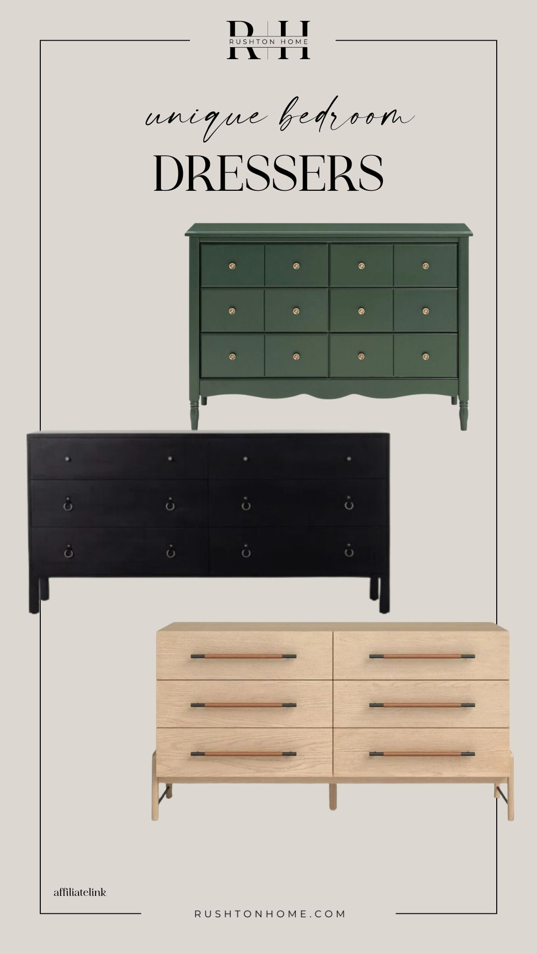 Unique Bedroom Dressers!

Bedroom furniture, bedroom design, bedroom decor, master bedroom, dresser,  bedframe, chest of drawers, 6 drawer dresser, bedside tables, nightstand, bedroom lamp, lighting, bedroom inspiration 

 #LTKHome #LTKSaleAlert