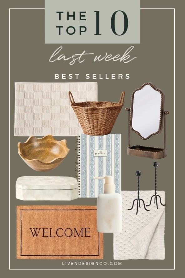Last week bestselling items. Home decor. Checkered bath mat. H&M. Vanity mirror. Tabletop mirror. Target. Scalloped wood serving bowl. Amazon. Planner. Scalloped woven handled basket. Decorative box. Coffee table decor. Candlesticks. Soap dispenser. Welcome mat. Coir mat. Throw blanket 

#LTKSeasonal #LTKHome #LTKSaleAlert