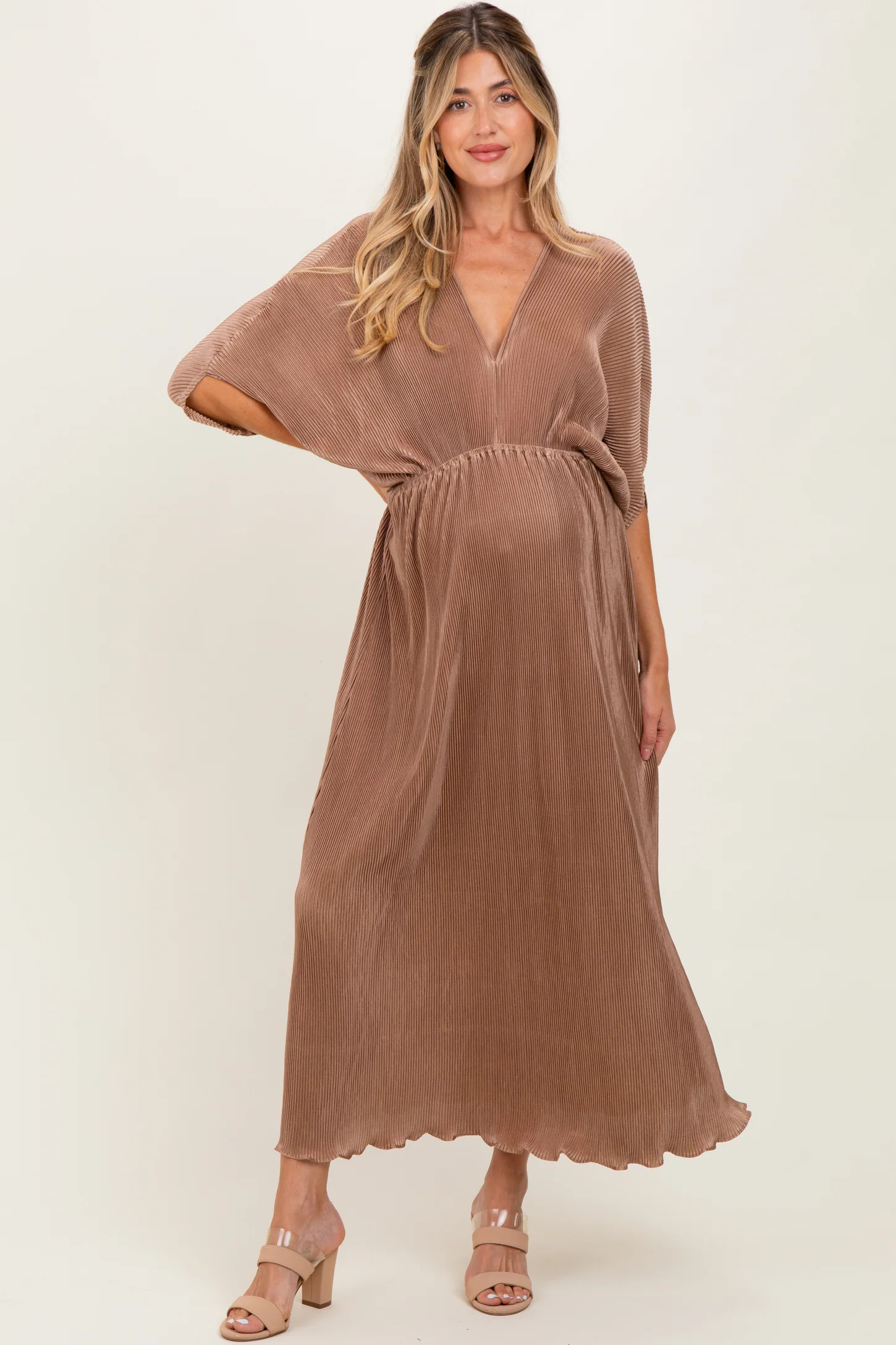 Mocha Pleated Satin Dolman Sleeve Maternity Maxi Dress | PinkBlush Maternity