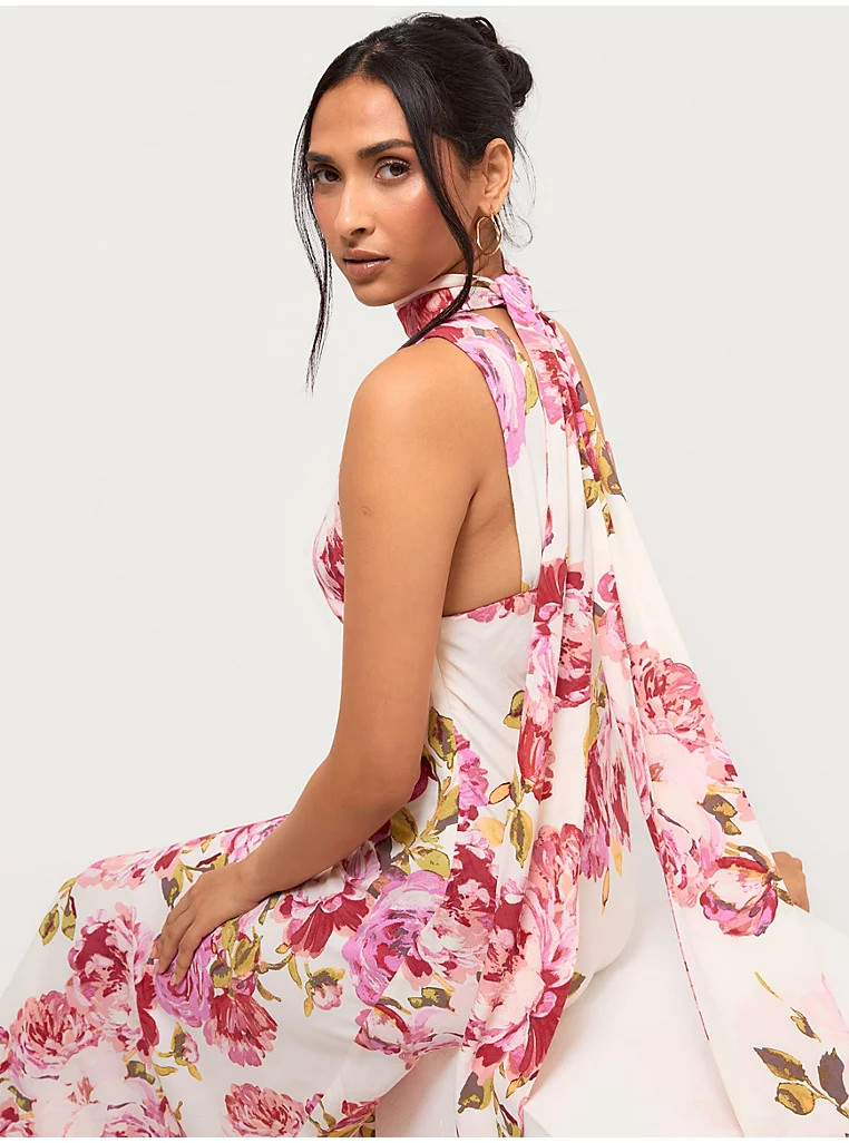 Cream Floral Plunge Sleeveless Maxi Dress | George