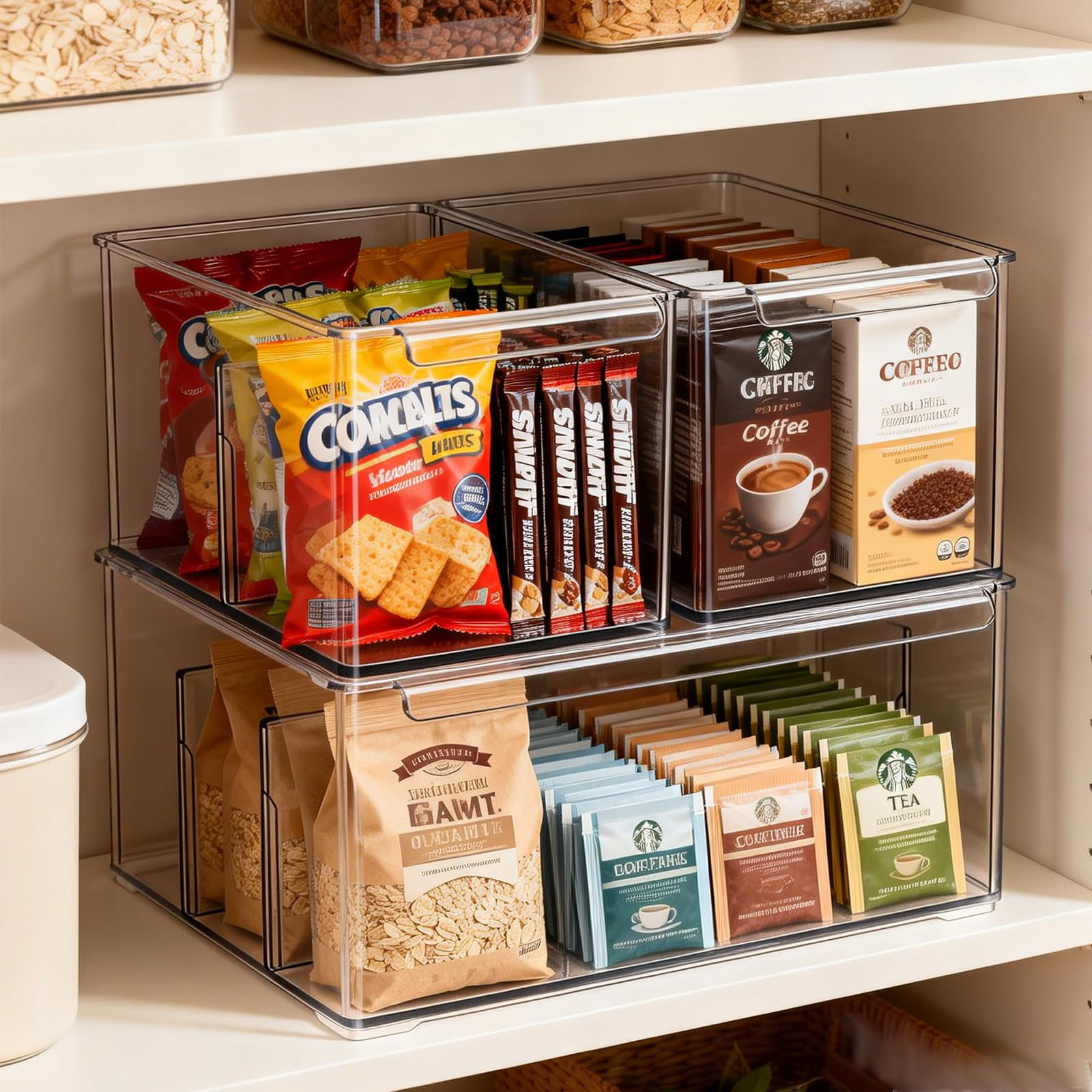 Clear Plastic Storage Bins with Dividers for Kitchen Pantry Organization, 3 Pack Large Thicken St... | Amazon (US)