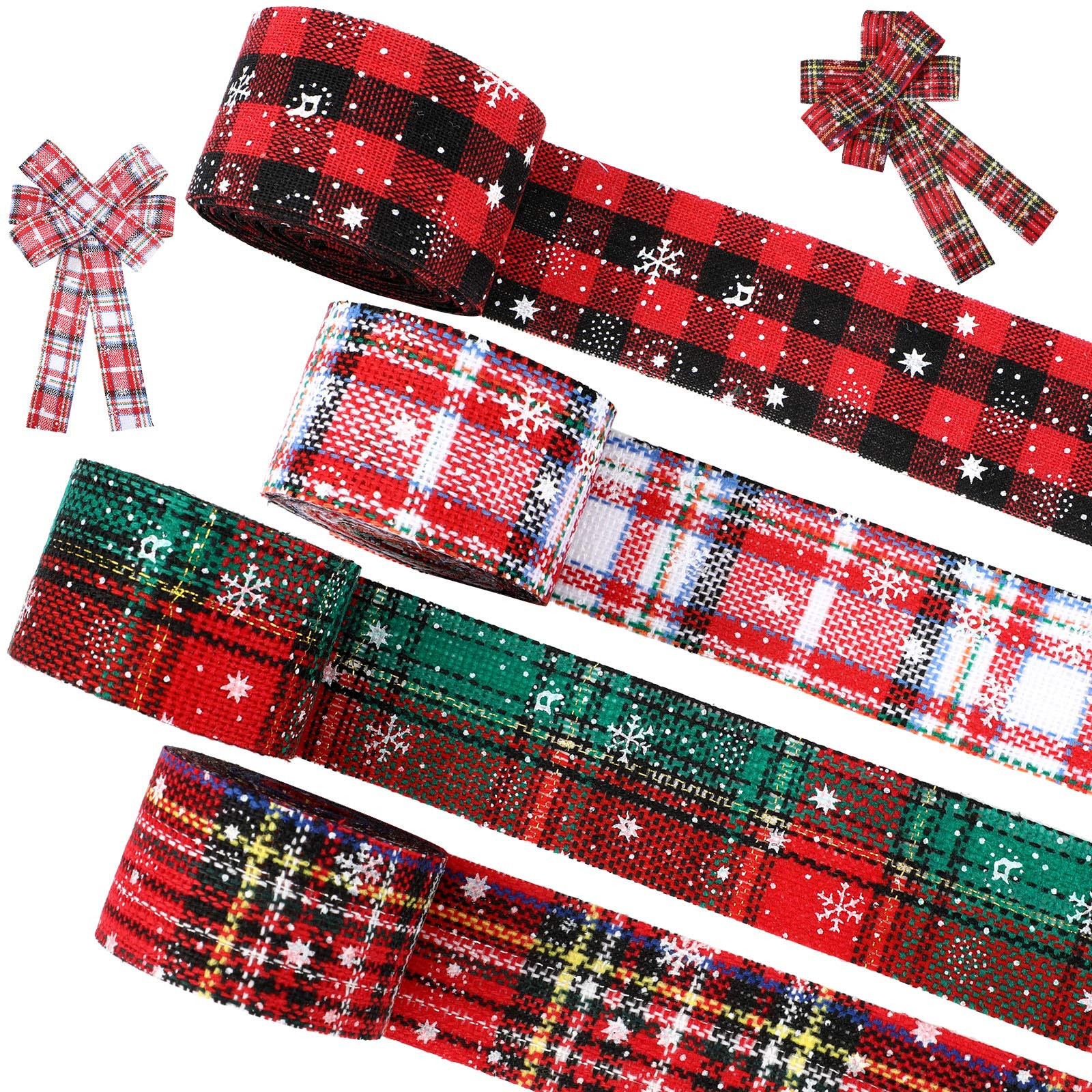 Willbond 4 Rolls Christmas Plaid Ribbon 24 Yards Snowflake Ribbon Red and Green Plaid Burlap Xmas... | Amazon (US)