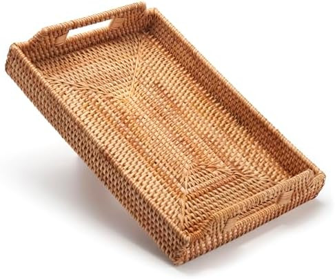 Rattan Tray with Handles, Hand Woven Serving Basket, Rectangular Wicker Decorative Tray for Coffe... | Amazon (UK)