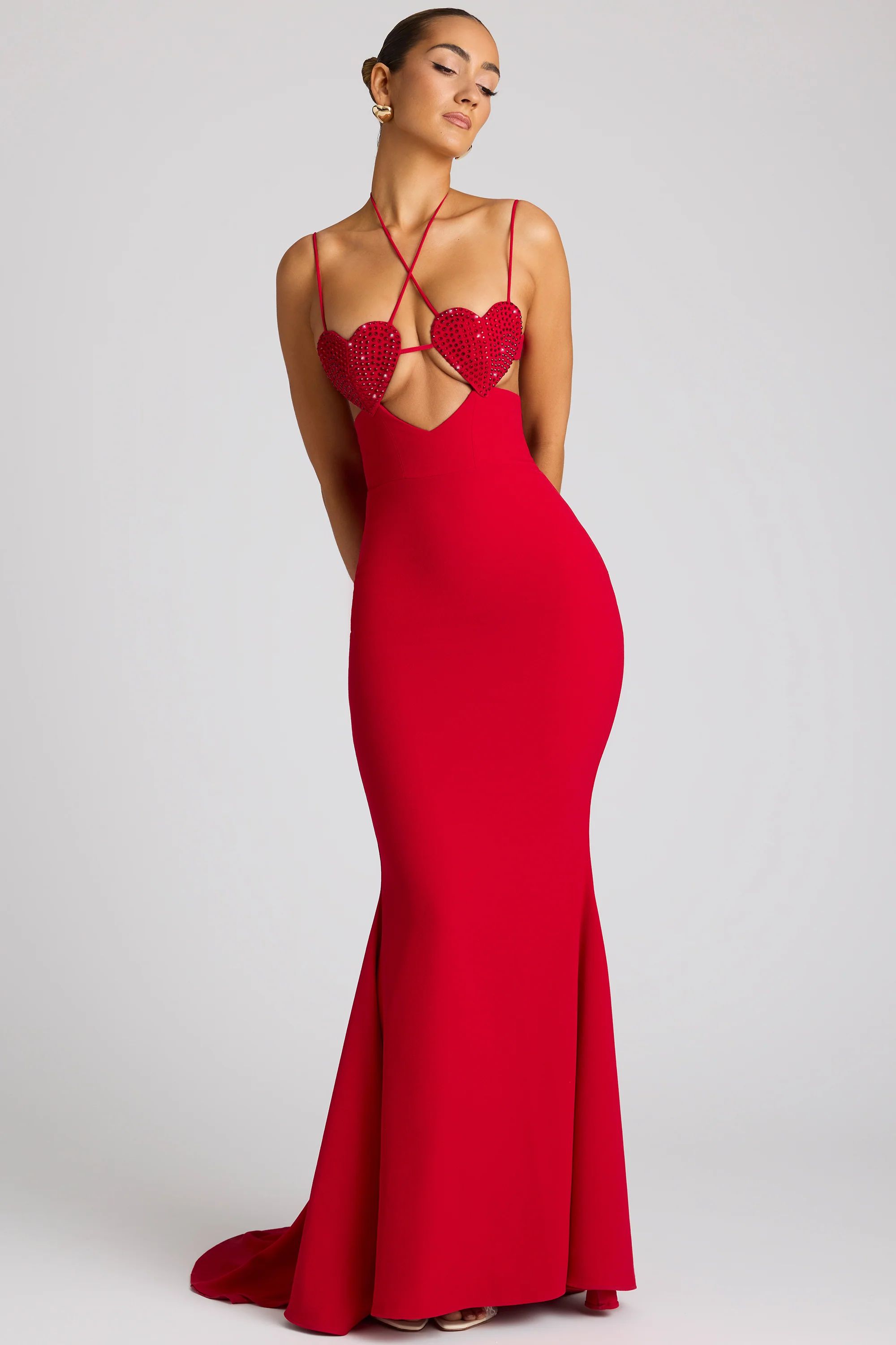 Embellished Heart Cup Detail Evening Gown in Fire Red | Oh Polly