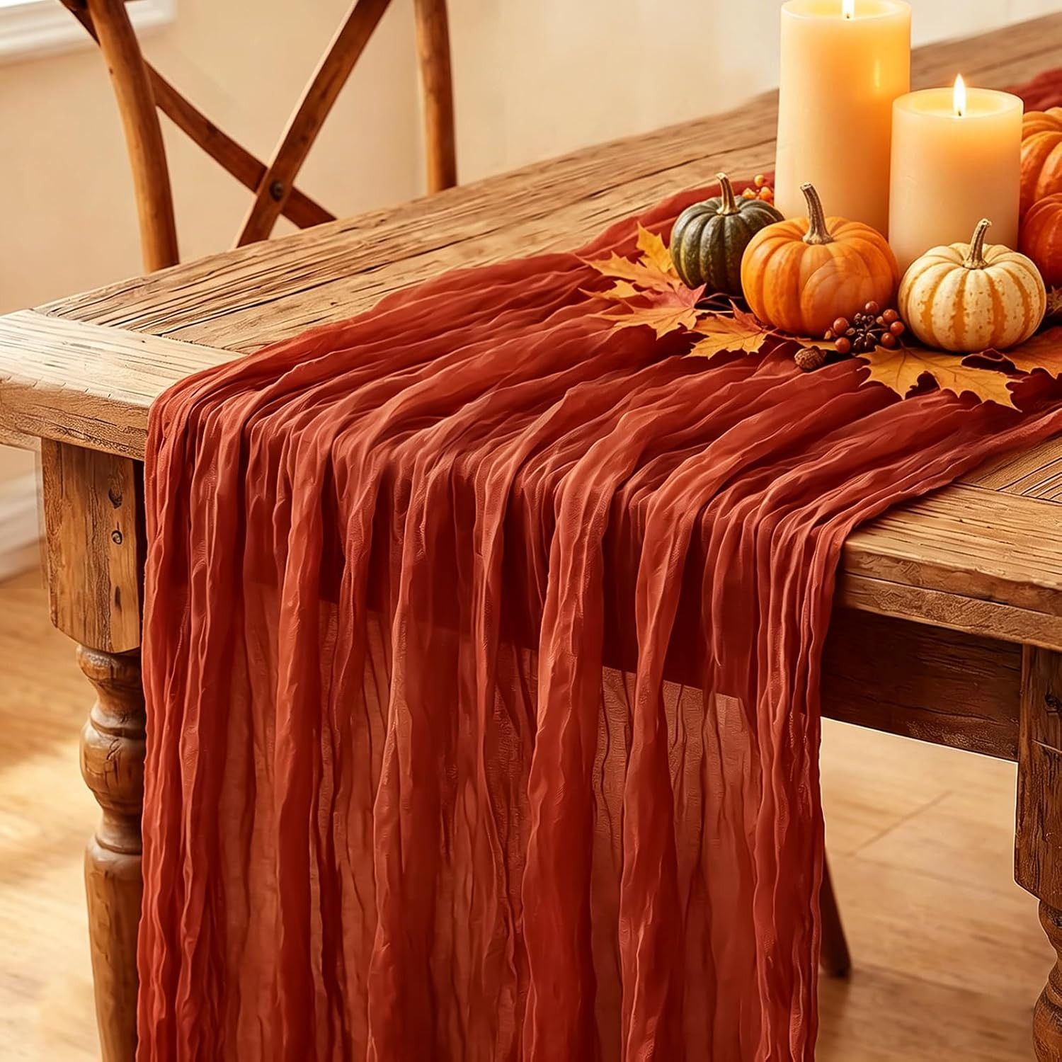 Fall Table Runner, 10FT Thanksgiving Terracotta Cheesecloth Table Runner 35*120inch Burnt Orange Decor for Autumn Fall Wedding Baby Shower Friendsgiving Thanksgivig Home Kitchen Table Decorations | Amazon (US)