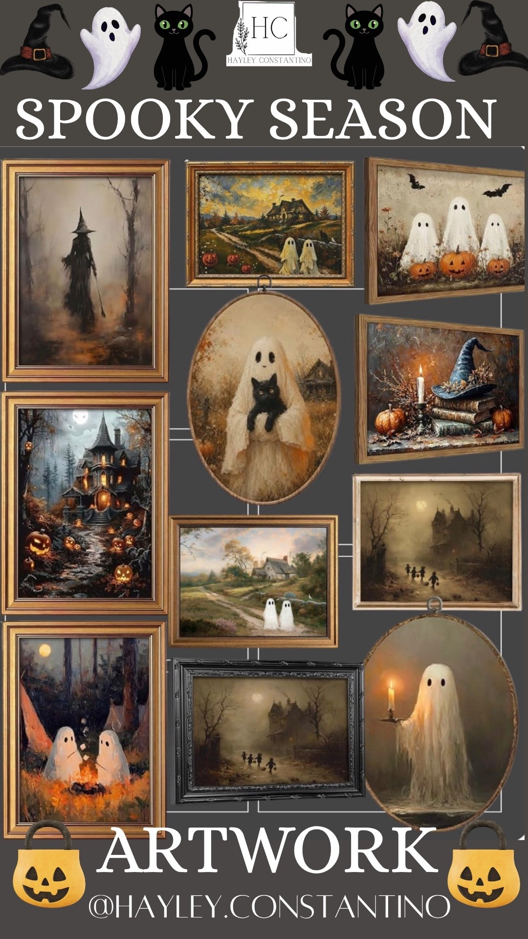 ### 👻🖤 Spooky Season Artwork 🖤👻

Bring on the **witches, wandering ghosts, black cats and haunted cottage vibes!** This enchanting collection feels like it was pulled straight from a moonlit Halloween storybook. Think **misty forests, glowing jack-o’-lanterns, candlelit haunted houses, spell books, pointy witch hats and sweet little ghosts** floating through the autumn night.

The vintage-inspired frames give these pieces a **moody, old-world charm**, while the warm pumpkins, flickering candles and golden autumn landscapes keep the look cozy rather than creepy. And of course, the black cats are here to supervise all your spooky-season decorating. 🐈‍⬛✨

### 🕯️ Where to hang it

* **Living room:** Create a dramatic Halloween gallery wall above the sofa, console or fireplace.
* **Entryway:** Give guests an instant *“something wicked this way comes”* welcome.
* **Dining room:** Perfect surrounding a buffet, bar cart or Halloween tablescape.
* **Kitchen:** Smaller pieces would be adorable near a coffee station or breakfast nook—especially with a pumpkin-spice latte nearby. 🎃☕
* **Bedroom:** Create a mysterious, romantic autumn retreat with the ghost and candlelit artwork.
* **Home office:** Add a little witchy inspiration to your workspace without going full haunted house.
* **Covered porch:** Use weather-protected framed pieces to turn your entry into a spooky storybook scene.
* **Creative spaces:** These would be fabulous in a craft room, photography studio, boutique, salon or Halloween party space.

**The vibe:** *cozy haunted manor meets vintage Halloween storybook.* 🕷️🎃🕯️

It’s the kind of artwork that makes you want to light a candle, pour something pumpkin-spiced, curl up under a blanket and wait for the ghosts to come out. **Spooky, magical, whimsical—and just witchy enough.** 🧙‍♀️👻🐈‍⬛