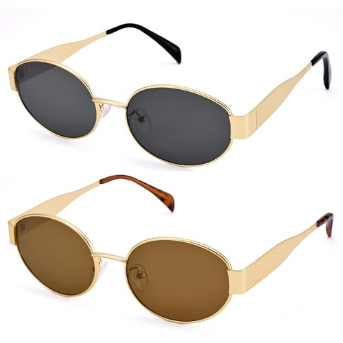 DIMENSIP Retro Oval Sunglasses for Women Men - Trendy Gold Sun Glasses - Fashion Metal Frame Shades(Gold/Grey + Gold/Brown) | Amazon (US)