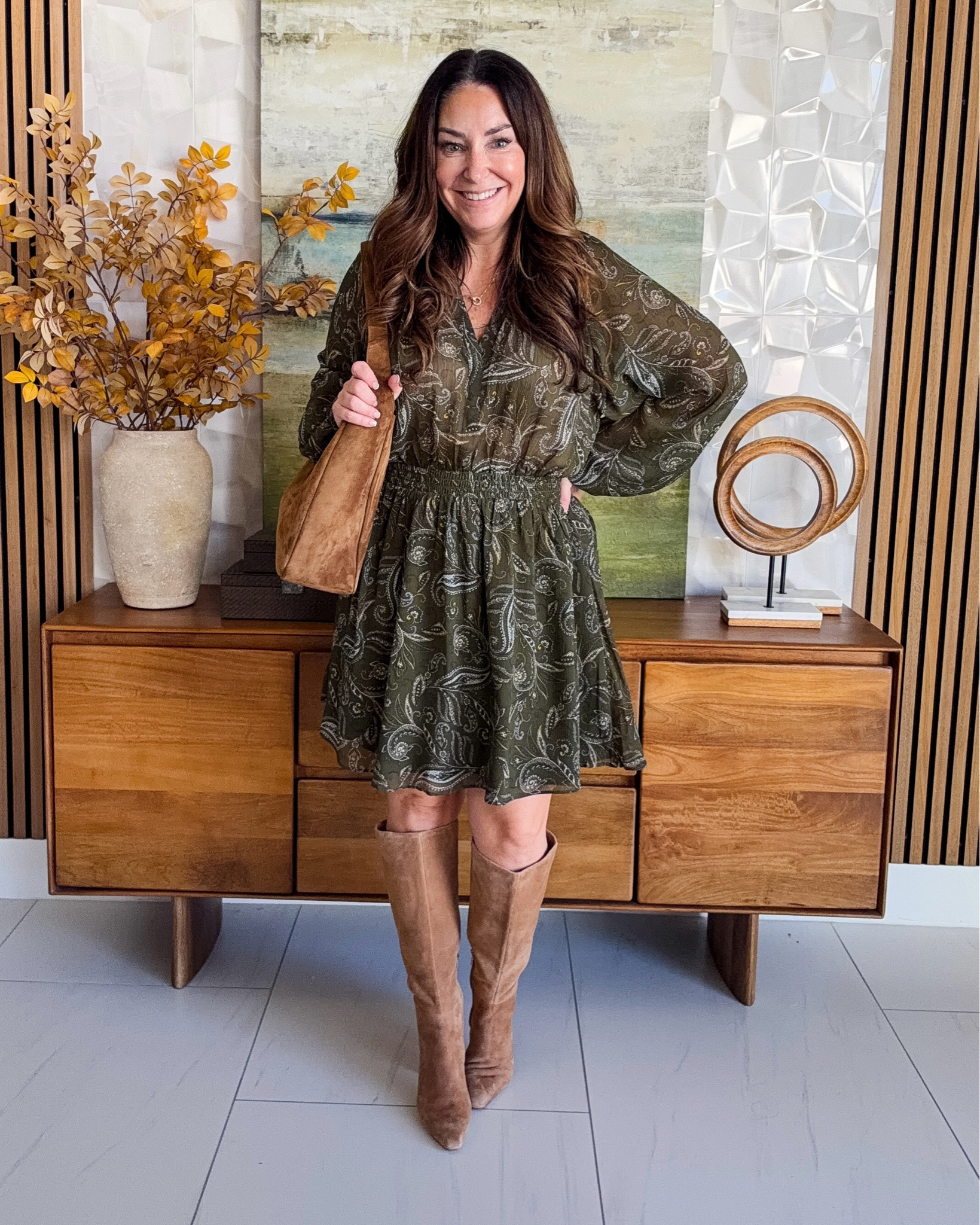 Olive paisley mini dress + tan suede boots 🍂 The perfect fall dress! Flowy sleeves, a smocked waist, and a suede shoulder bag make it so effortless 🤎

Sizing: Dress | Boots 

 #LTKover40 #LTKstyletip #LTKmidsize #LTKshoecrush