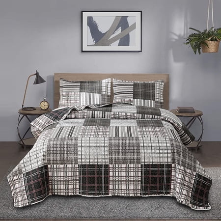 Jessy Home Quilt Set Queen/Full Size Plaid Bedspread Coverlet Black White Grey Plaid Patchwork Quilt Collection Bedding Reversible Home Quilt Bedspread-Soft Polyester Lightweight Quilt+Pillow Shams | Walmart (US)