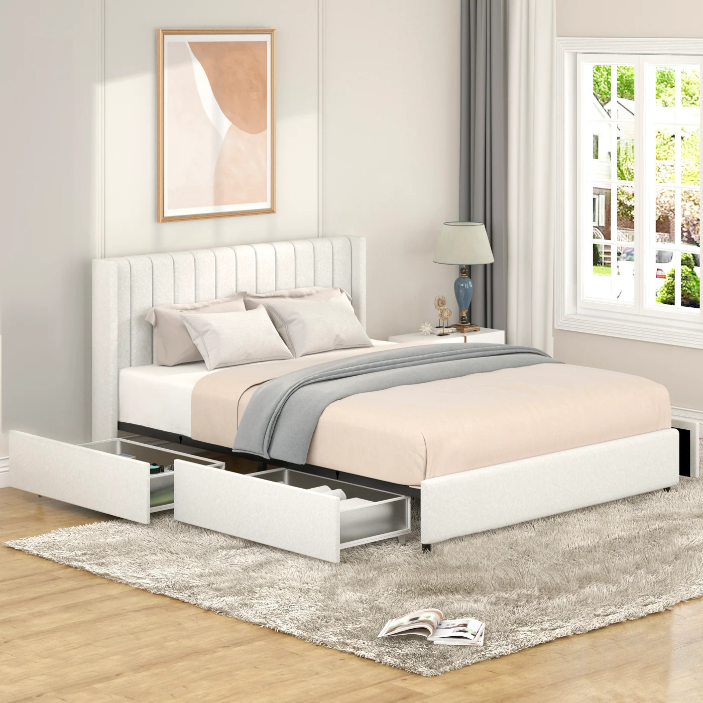 GDFStudio Anda Boucle Upholstered Tufted Headboard Storage Ivory Bed one_size | 319594 | Lowe's