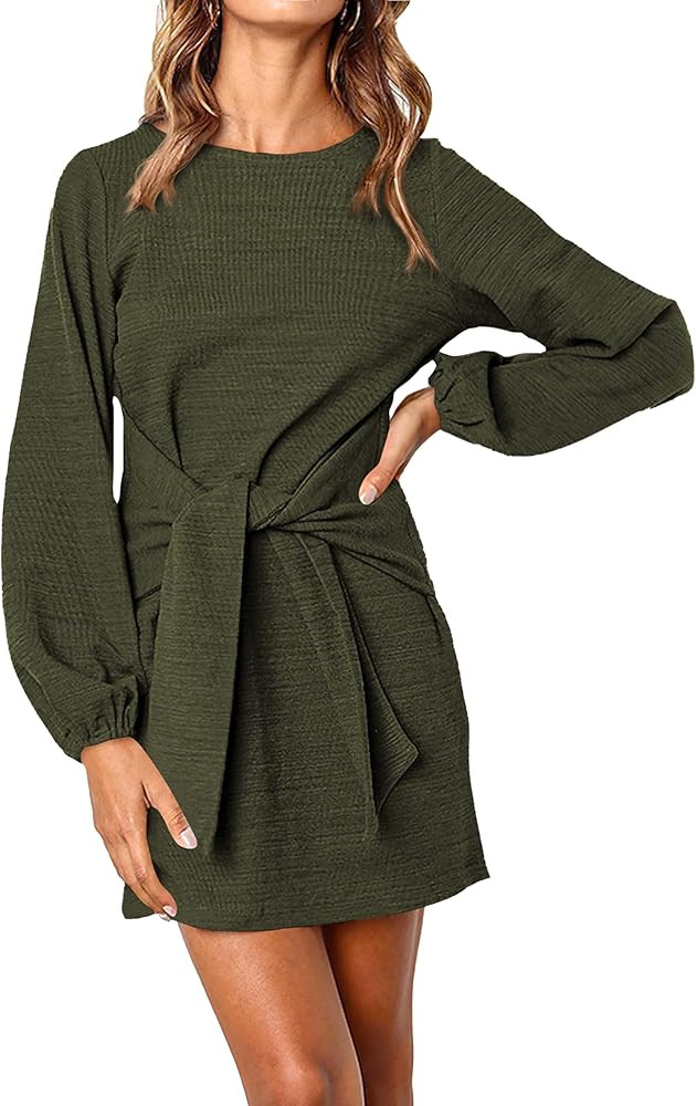PRETTYGARDEN Womens Fall Elegant Long Lantern Sleeve Short Dress Wedding Guest Crewneck Tie Waist... | Amazon (US)
