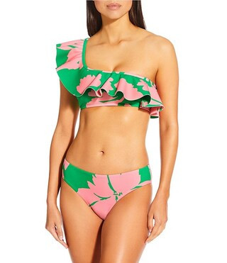 Antonio Melani Mandarin Blooms Bonded Ruffle One Shoulder Swim Top & Classic Hipster Swim Bottom ... | Dillard's