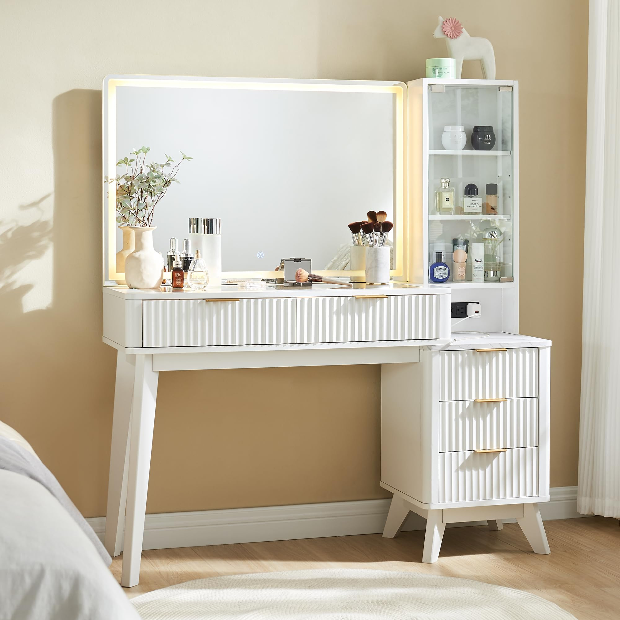 T4TREAM 48" Fluted Makeup Vanity Desk with Large 36" Mirror and Lights, Modern Glass Top Big Vani... | Amazon (US)