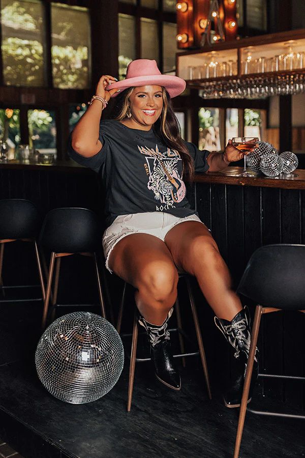 Long Live Rock N Roll Tiger Distressed Boyfriend Tee In Vintage Black Curves | Impressions Online Boutique