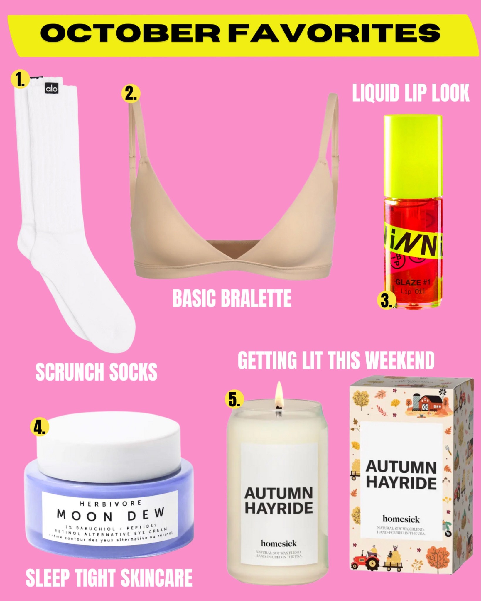 Things I bought this month:
1. Scrunch socks
2. Skims bralette 
3. Lip oil
4. Cruelty free eye cream 
5. Homesick fall candle

#LTKSeasonal #LTKstyletip #LTKhome